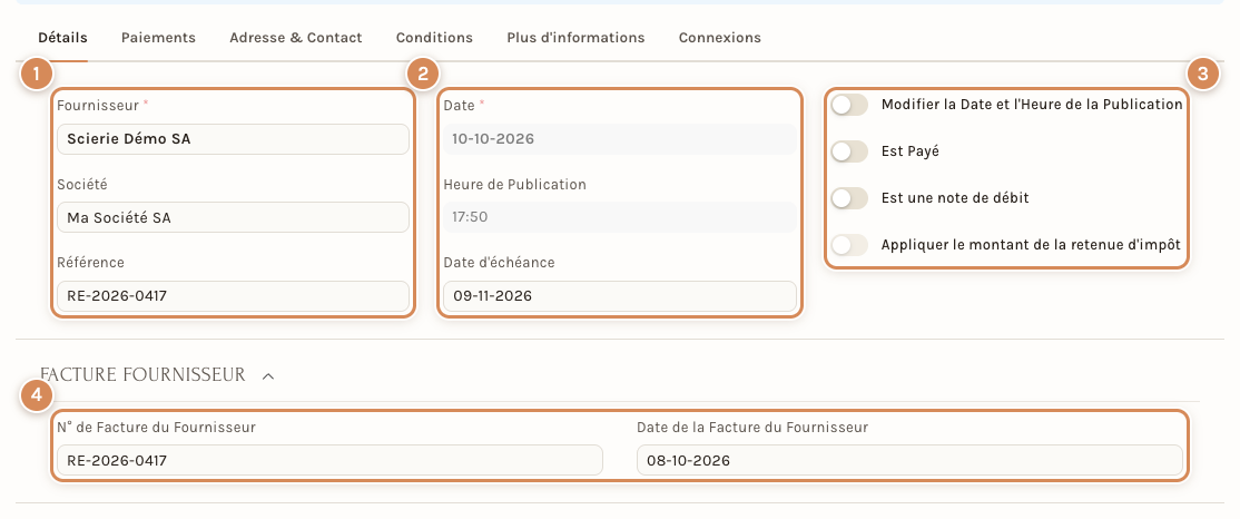 Le haut de l'onglet Détails : fournisseur, société, dates, interrupteurs et numéro de la facture du fournisseur