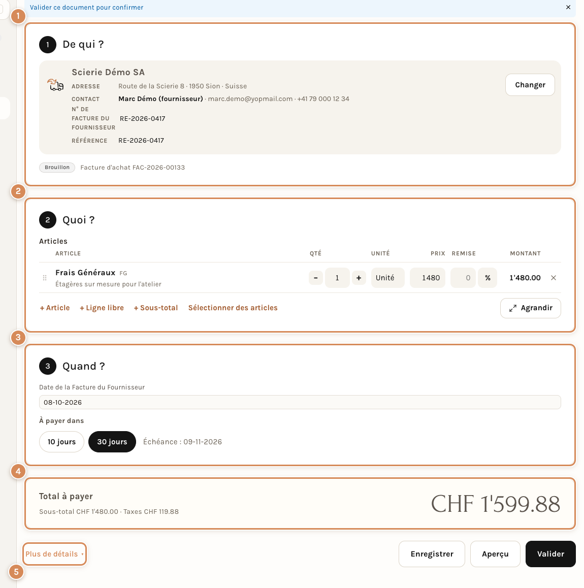 La facture d'achat en vue Simple : trois cartes, le total à payer et le lien Plus de détails