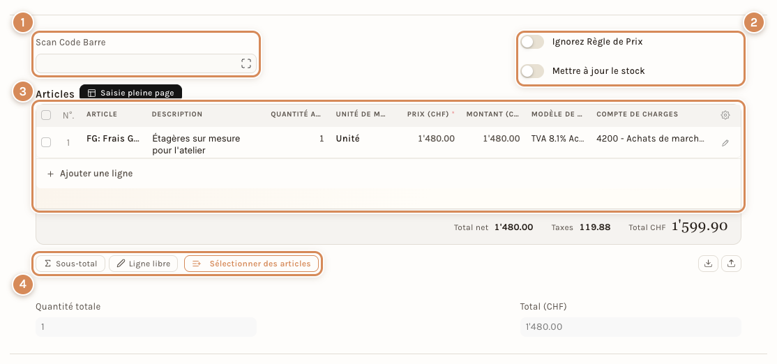 Les articles d'une facture d'achat : scan, interrupteurs, tableau et boutons