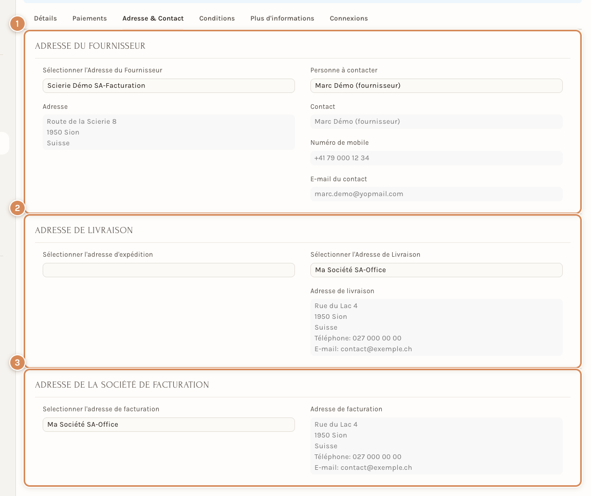 L'onglet Adresse & Contact : adresse du fournisseur, adresse de livraison, adresse de la société de facturation