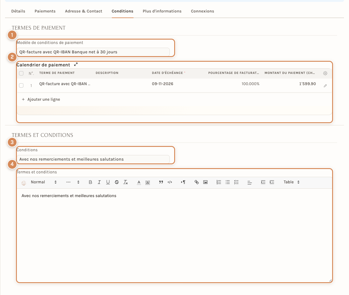 L'onglet Conditions : modèle de conditions de paiement, calendrier de paiement, conditions et termes