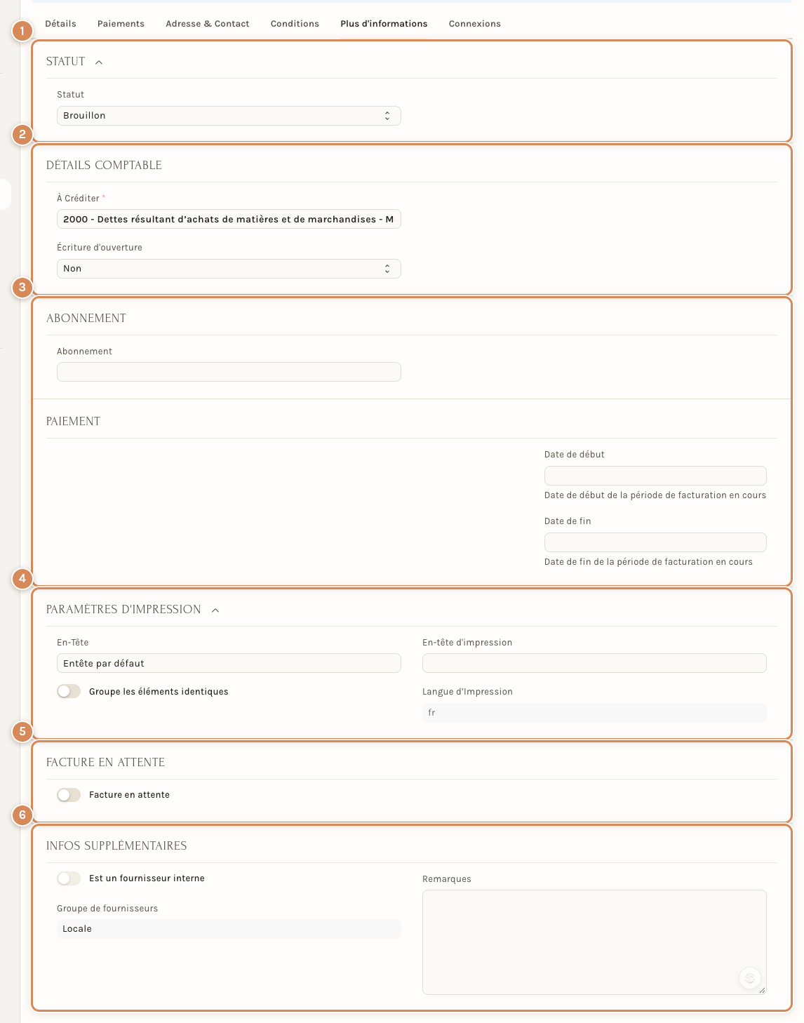 L'onglet Plus d'informations : statut, détails comptables, abonnement, paiement, paramètres d'impression, facture en attente, infos supplémentaires