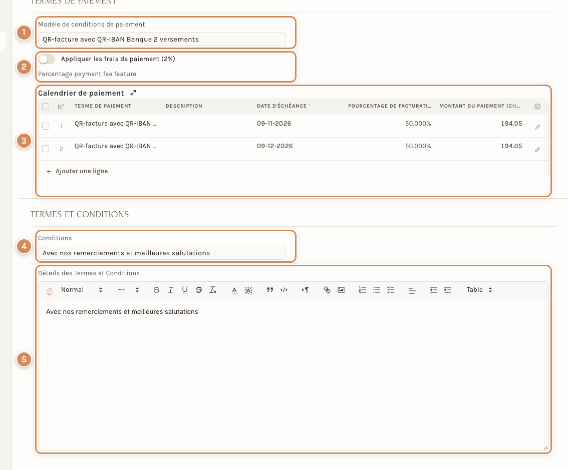 L'onglet Conditions : le modèle de conditions de paiement, les frais de paiement, le calendrier de paiement et les termes et conditions