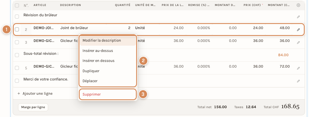 Le menu du clic droit sur une ligne d'article