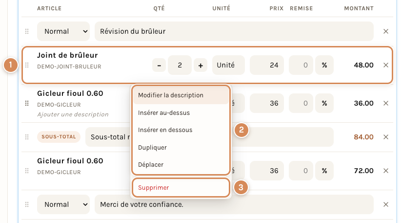 Le menu du clic droit dans le tableau de l'interface Simple, ici sur un devis