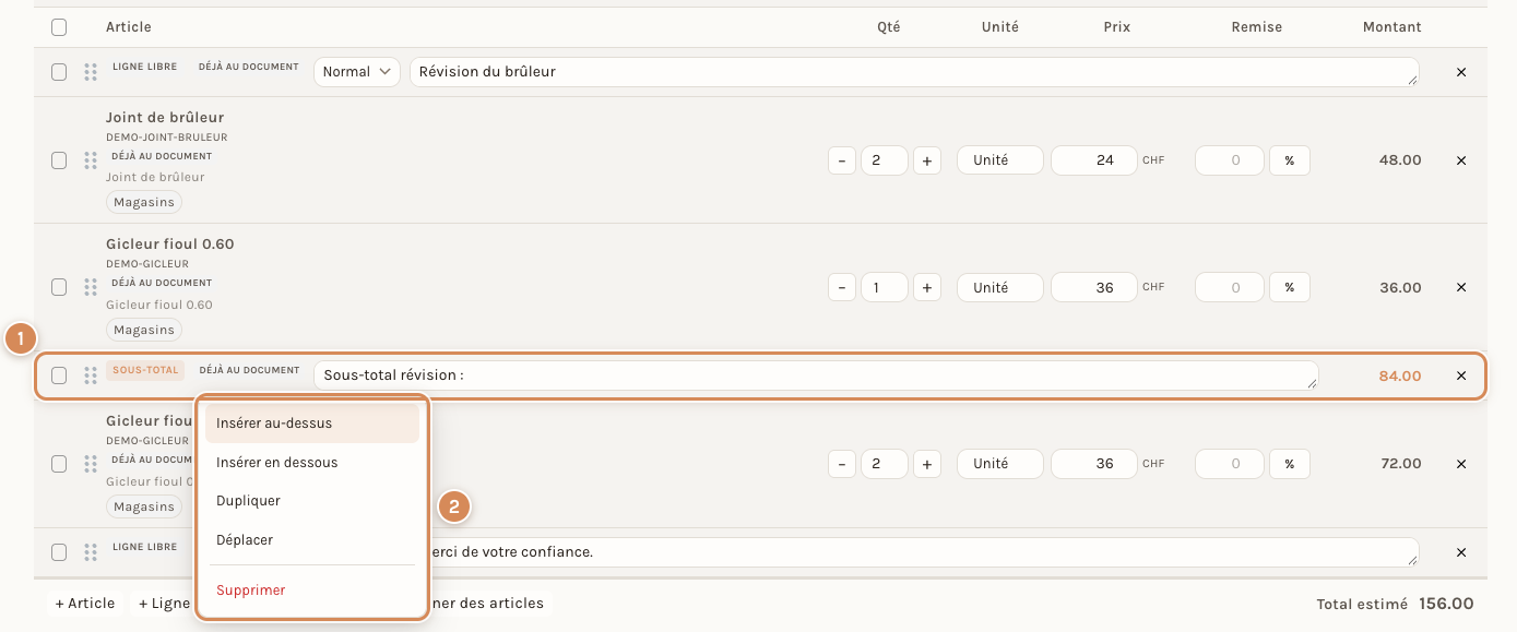 Le menu du clic droit sur un sous-total, dans la saisie pleine page