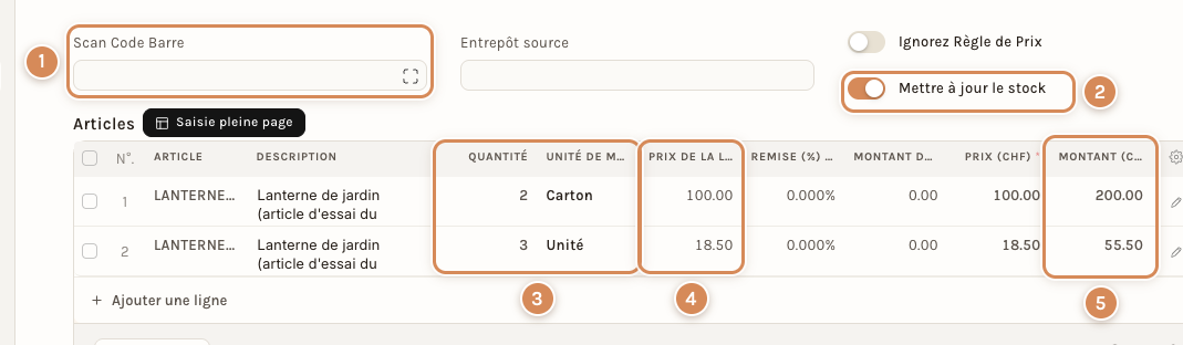 Une facture avec une ligne de 2 cartons à 100.00 et une ligne de 3 pièces à 18.50