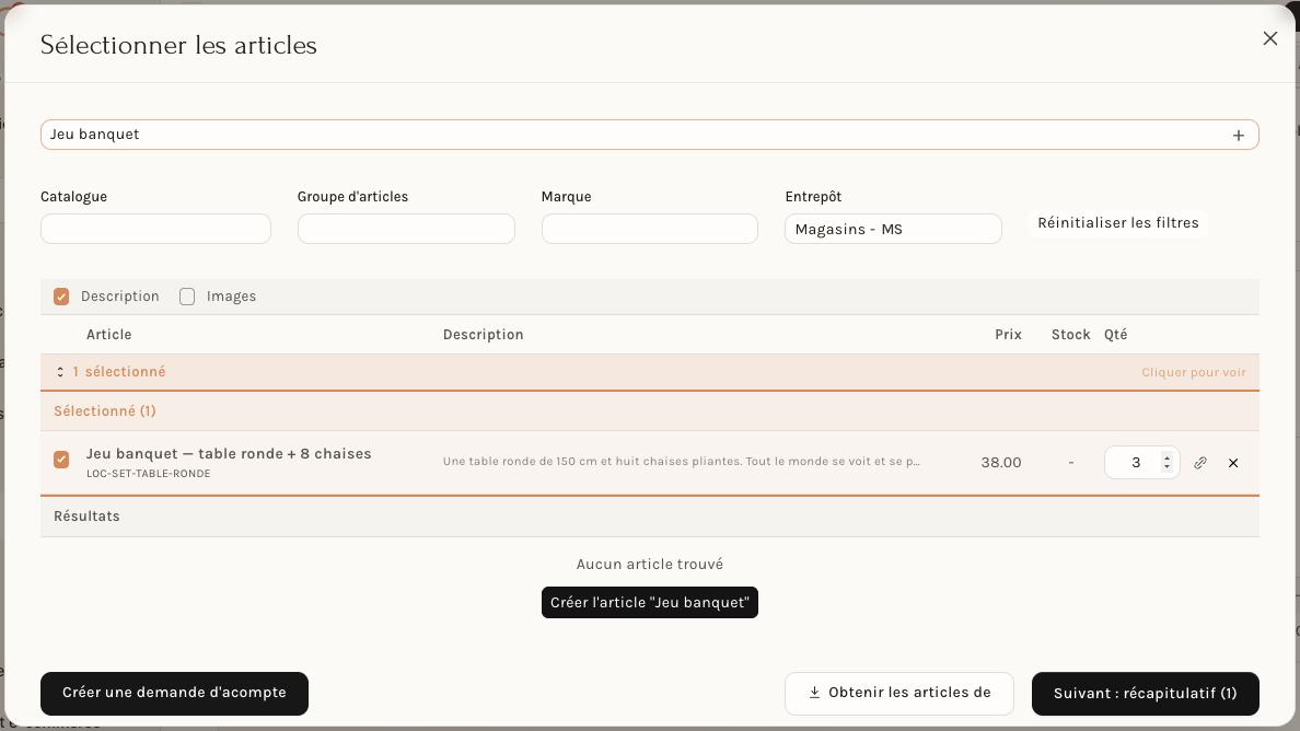 La recherche d'articles : le jeu « banquet » est coché, en quantité 3
