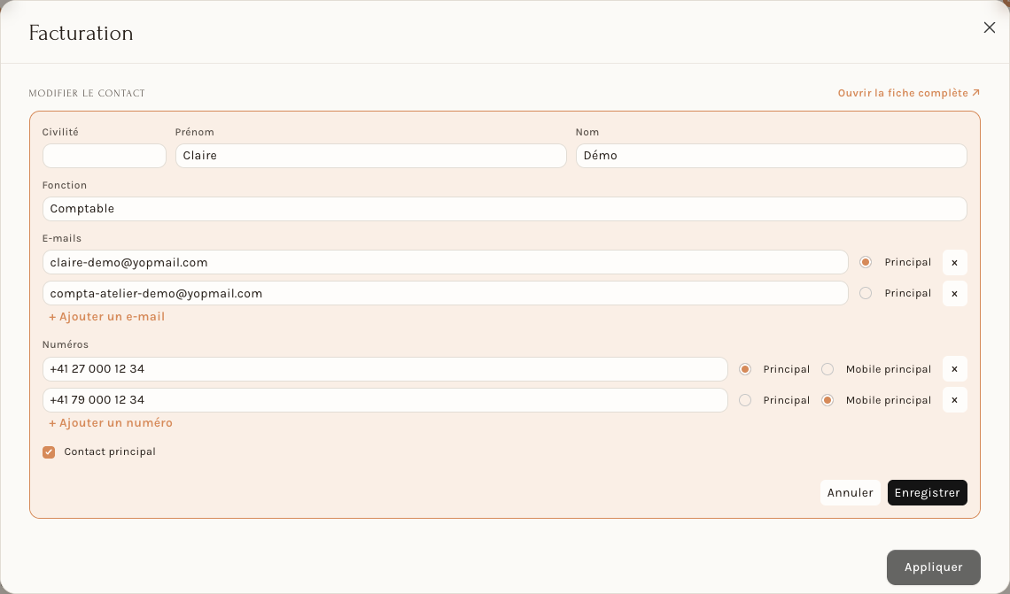 Modifier un contact : plusieurs e-mails et numéros