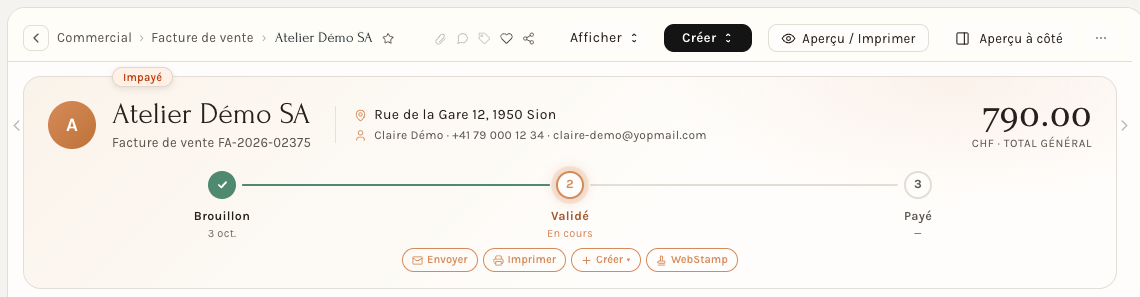 La facture validée : état Impayé, boutons Envoyer, Imprimer, Créer et WebStamp