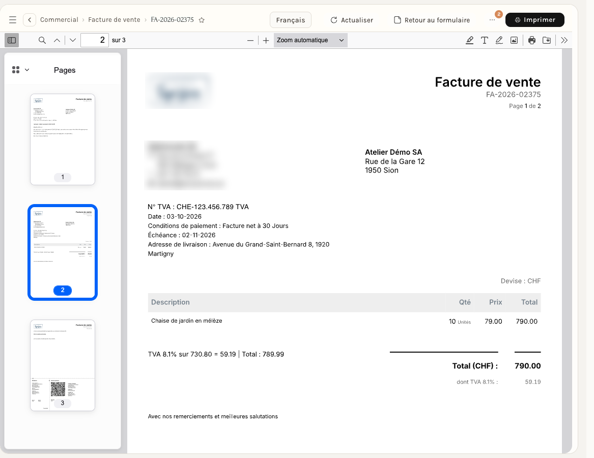 La page d'impression : la facture en PDF