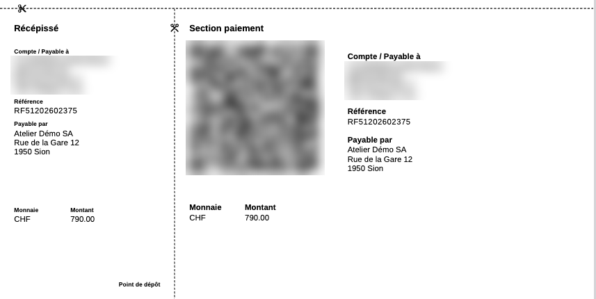Le bulletin de versement QR en bas de la dernière page (code QR et coordonnées de l'entreprise floutés sur cette capture)