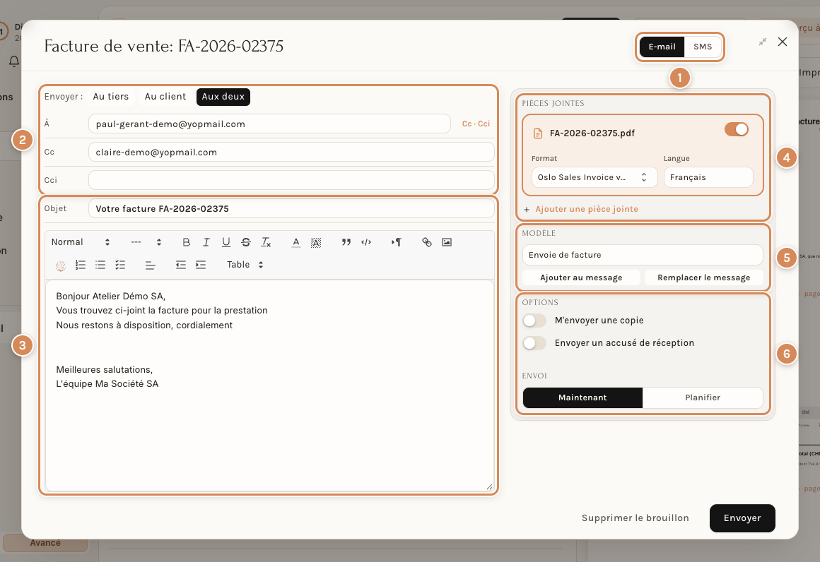 La fenêtre d'envoi par e-mail : le message à gauche, les pièces jointes et les options à droite