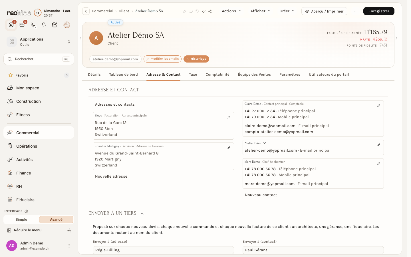L'onglet Adresse & Contact : deux adresses, trois contacts