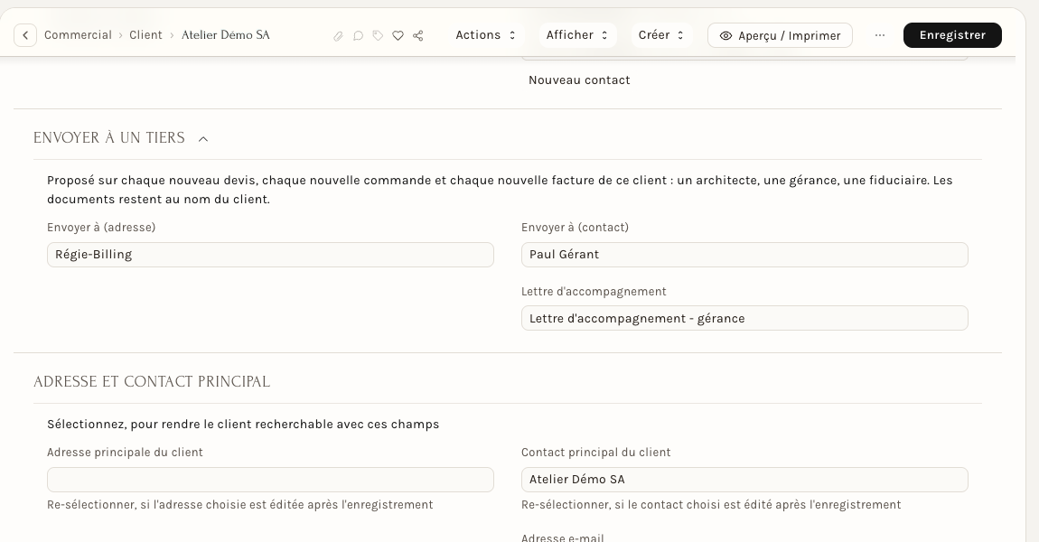 La section Envoyer à un tiers et la section Adresse et contact principal