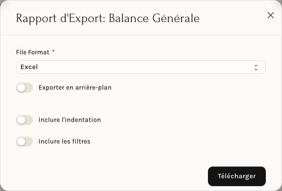 La fenêtre « Rapport d'Export » de la Balance Générale