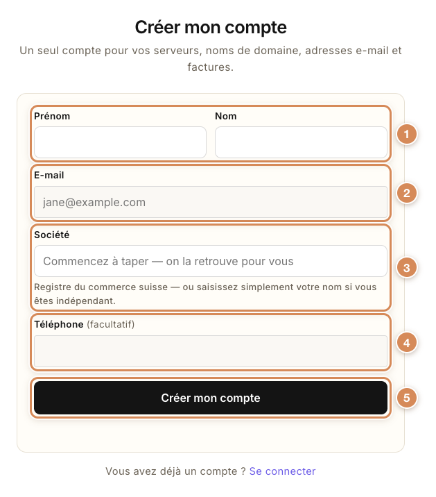 Le formulaire Créer mon compte, avec cinq repères numérotés