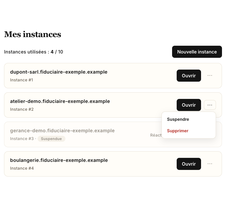 Le menu ⋯ d'une instance : Suspendre et Supprimer