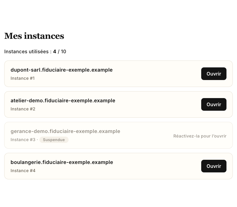 La page Mes instances vue par un collaborateur : la liste et les boutons Ouvrir seulement