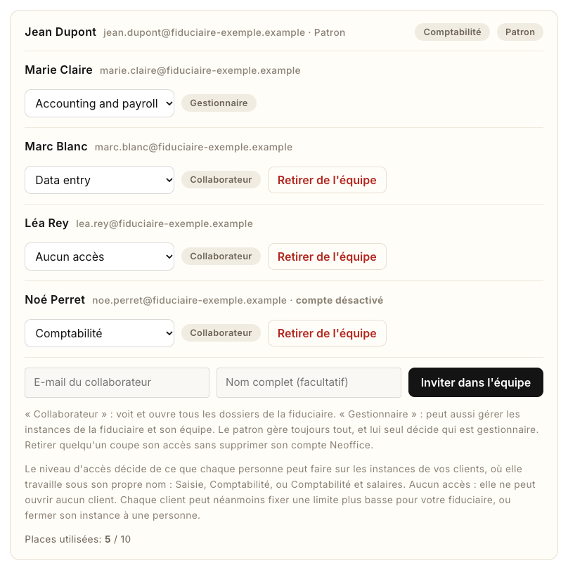La page Mon équipe vue par un gestionnaire : le niveau du patron n'est pas modifiable et les fonctions ne sont que des pastilles