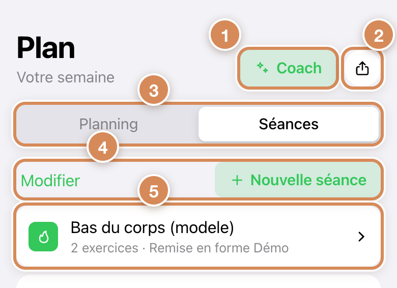 L'onglet Plan : le Coach, les options du plan, les deux vues et les séances