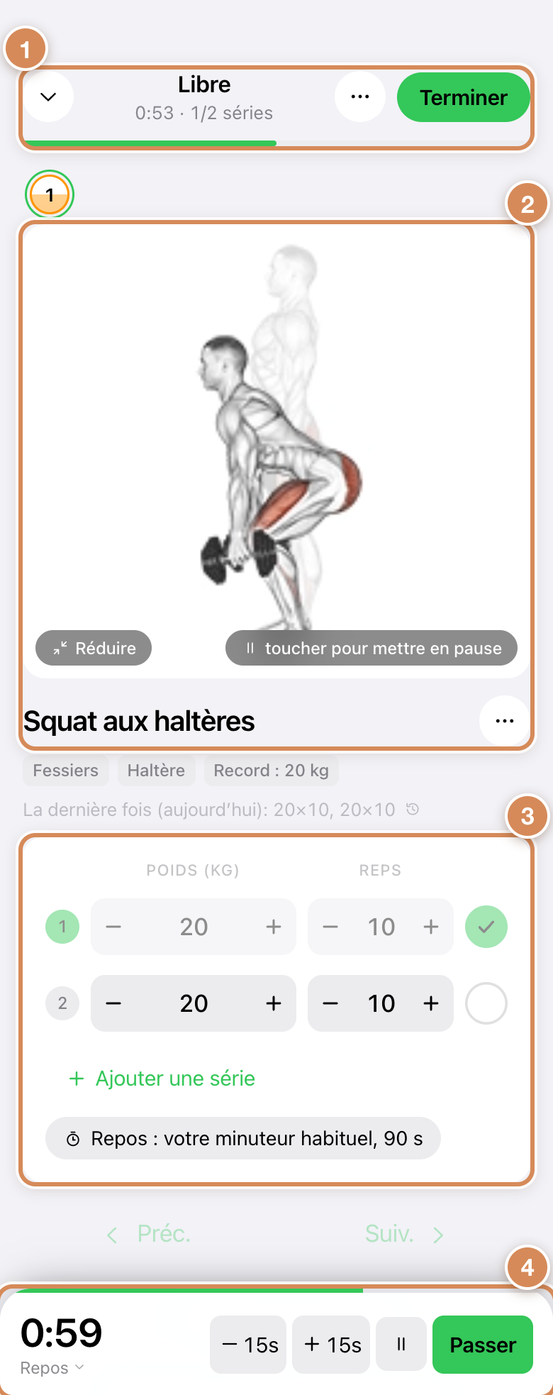 Une séance en cours : l'en-tête, l'exercice, les séries et le minuteur de repos