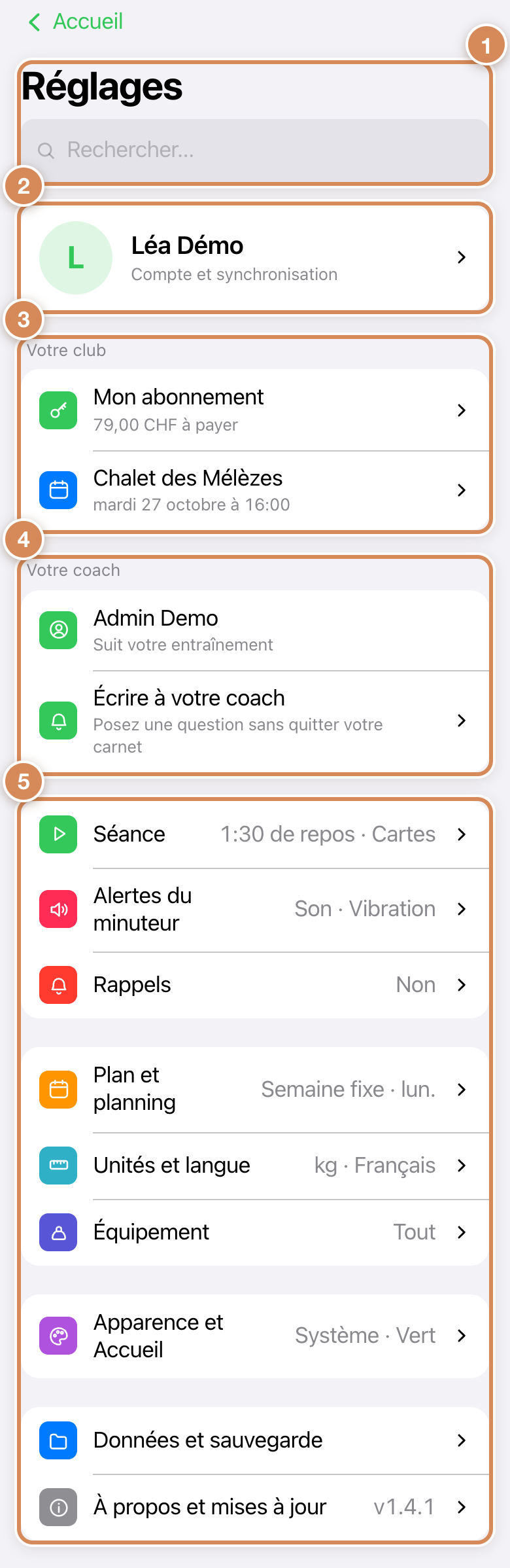 Les réglages du membre : compte, club, coach et groupes de réglages