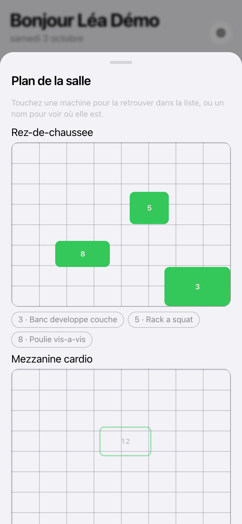 Le plan de la salle dans l'application du membre