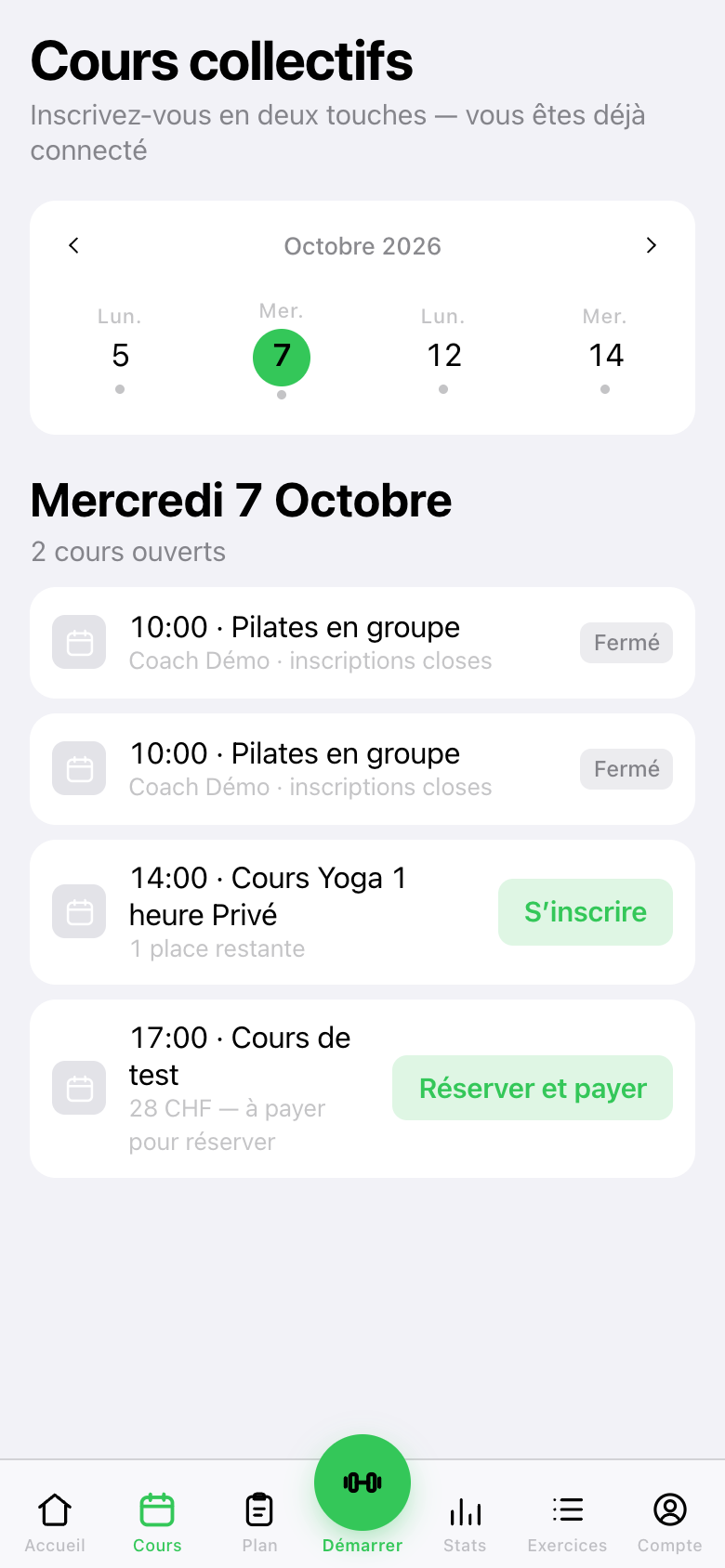 L'onglet Cours : un mercredi avec deux cours fermés, un cours ouvert et un cours payant