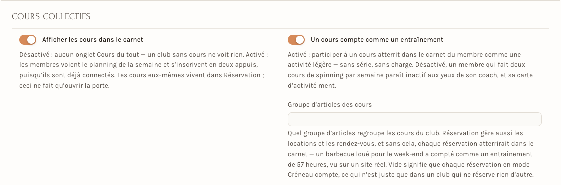La section Cours collectifs des réglages du club