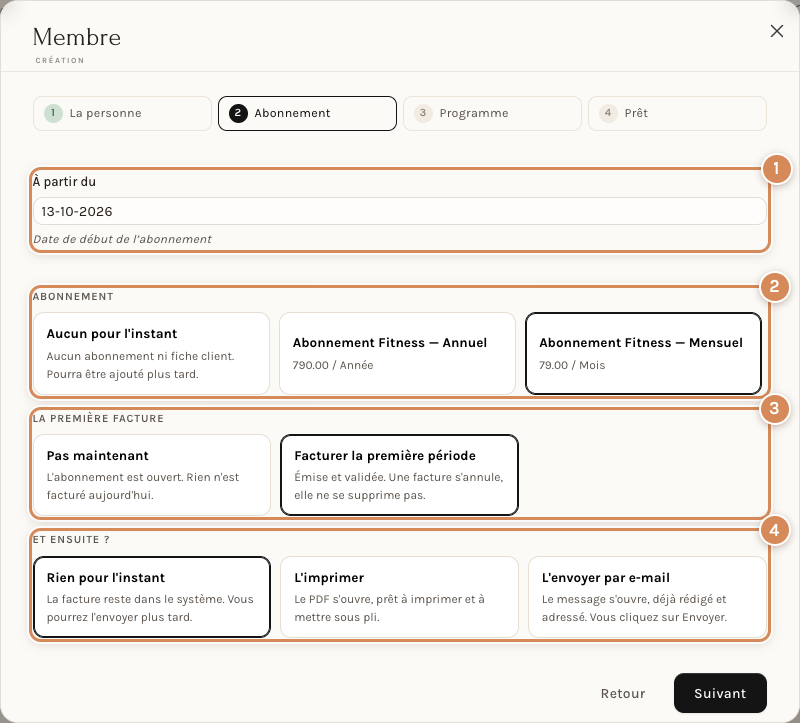 Deuxième étape : la date de début, la formule, la première facture et ce qu'on en fait