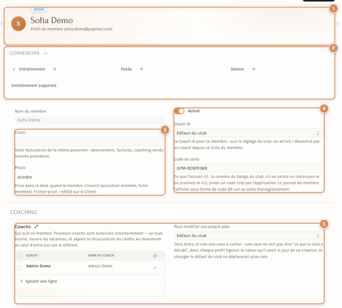 Le profil d'un membre : état, connexions, client, code de carte et coaching