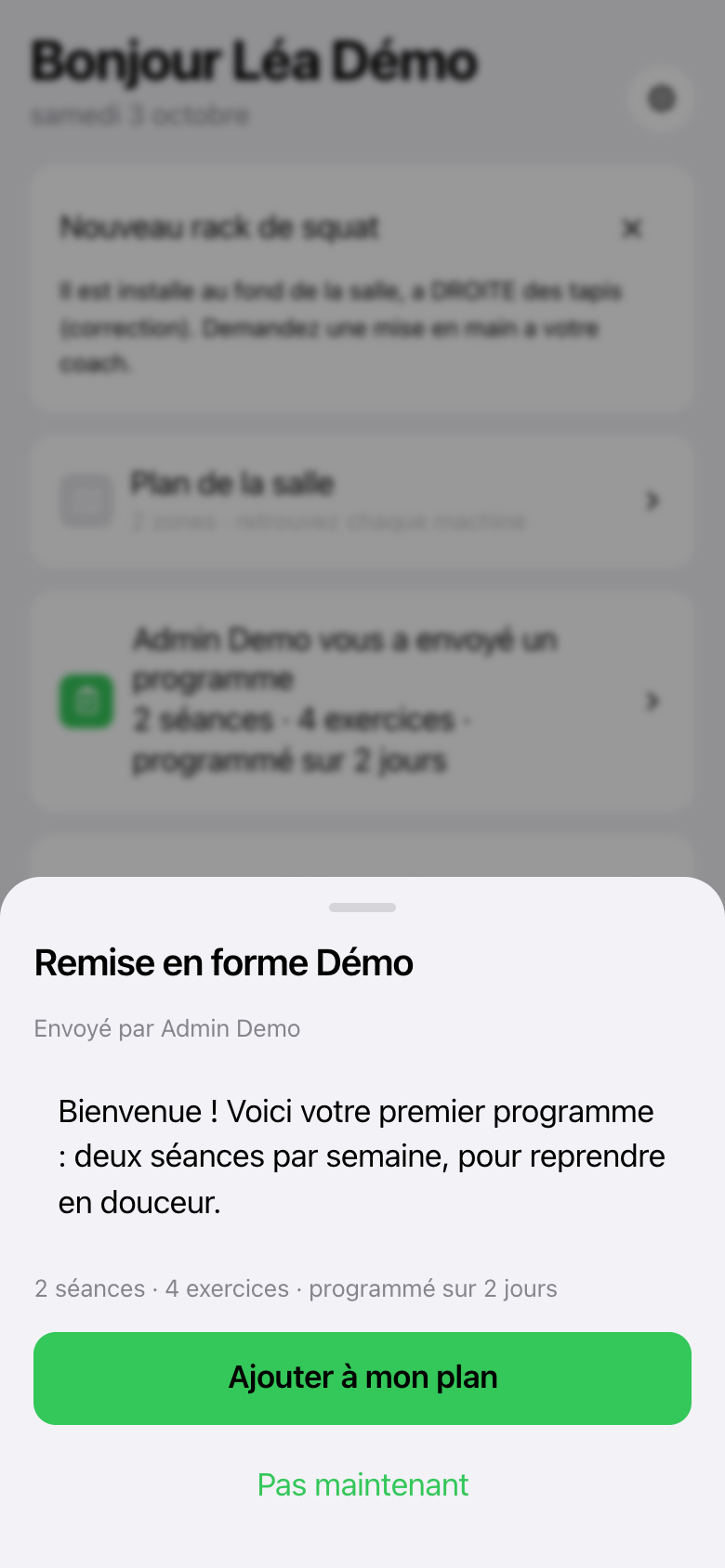 Dans l'application : le programme reçu, à ajouter au plan ou à refuser