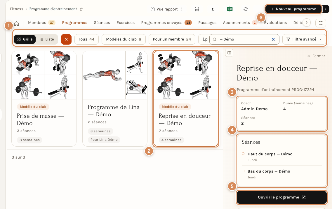 L'onglet Programmes : les vues, une carte de programme et son panneau