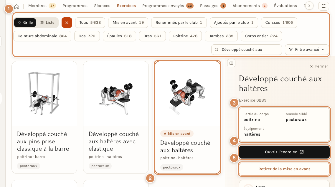 L'onglet Exercices : les vues, une carte d'exercice et son panneau