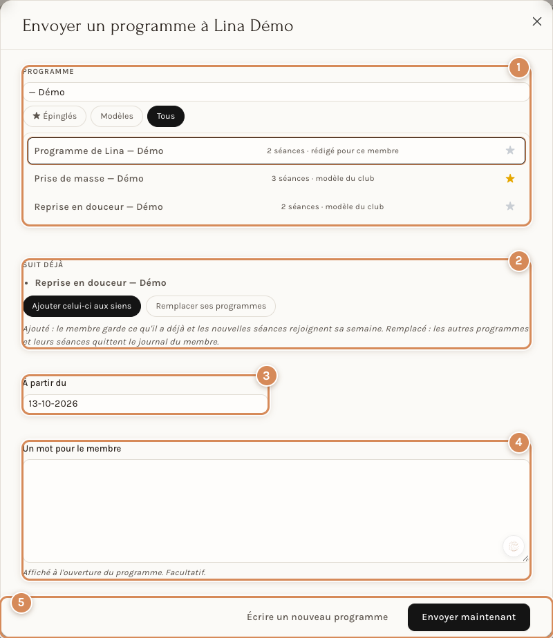 La fenêtre d'envoi, pour un membre qui suit déjà un programme
