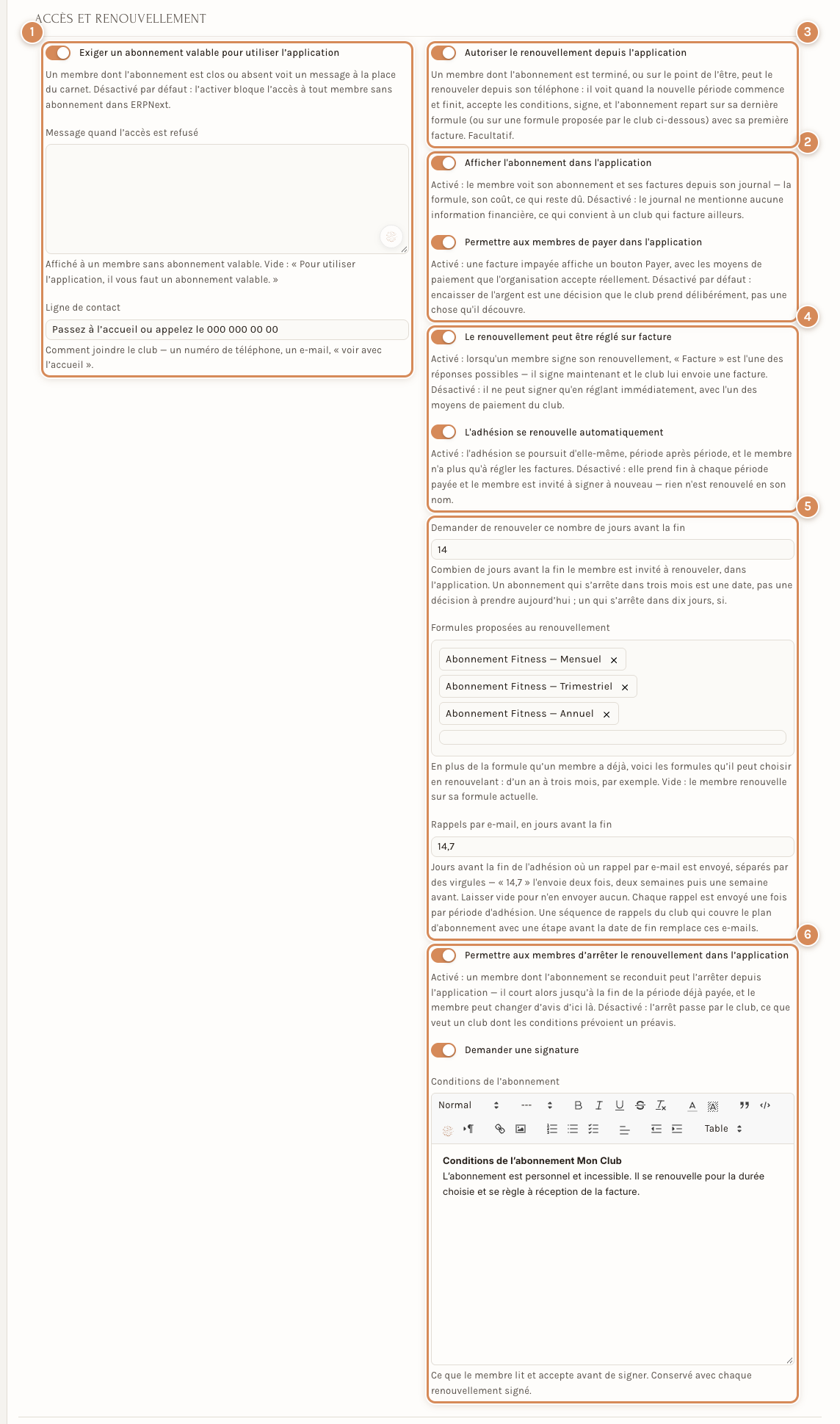 La section Accès et renouvellement : l'accès, l'abonnement dans l'application, le renouvellement, ses rappels et ses conditions