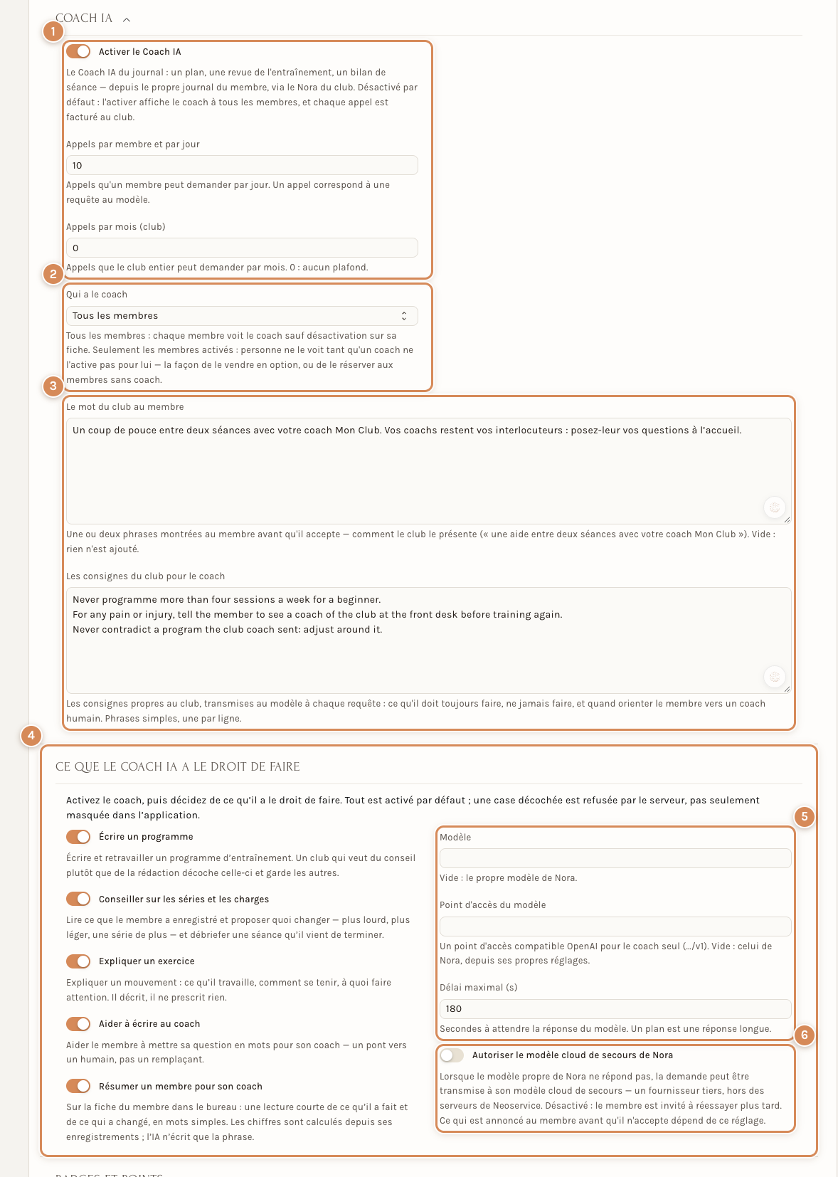 La section Coach IA : activation et plafonds, qui a le coach, les textes du club, ce qu'il a le droit de faire, le modèle