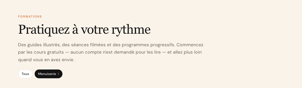 La barre de filtres de la page Nos formations, la catégorie Menuiserie choisie
