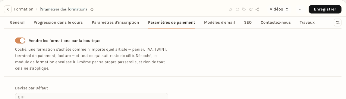 L'onglet Paramètres de paiement
