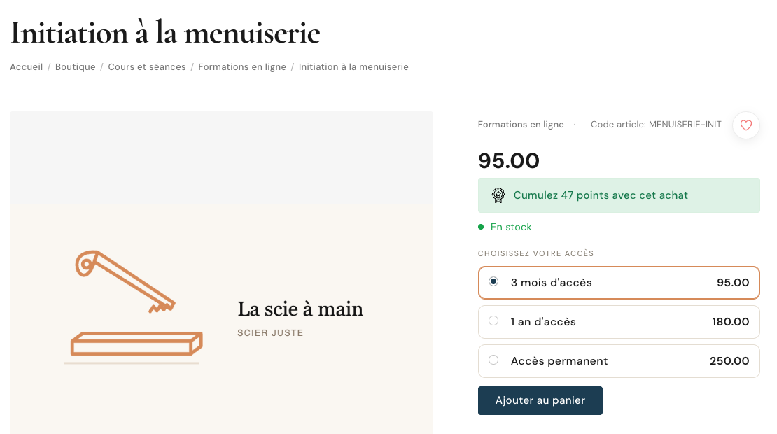 La fiche boutique, avec les trois durées d'accès