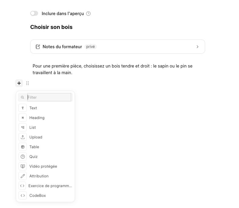 Le menu du signe plus, avec l'entrée Vidéo protégée