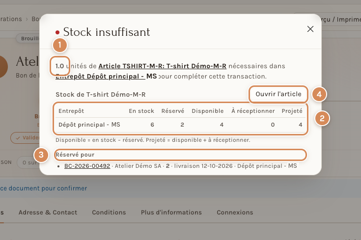 La fenêtre Stock insuffisant d'un bon de livraison