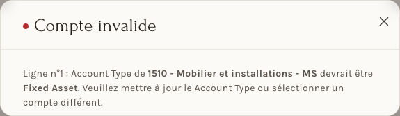 Le refus d'une catégorie dont les comptes n'ont pas le bon type