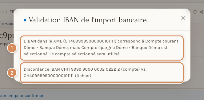 La fenêtre d'avertissement quand l'IBAN du fichier n'est pas celui du compte choisi