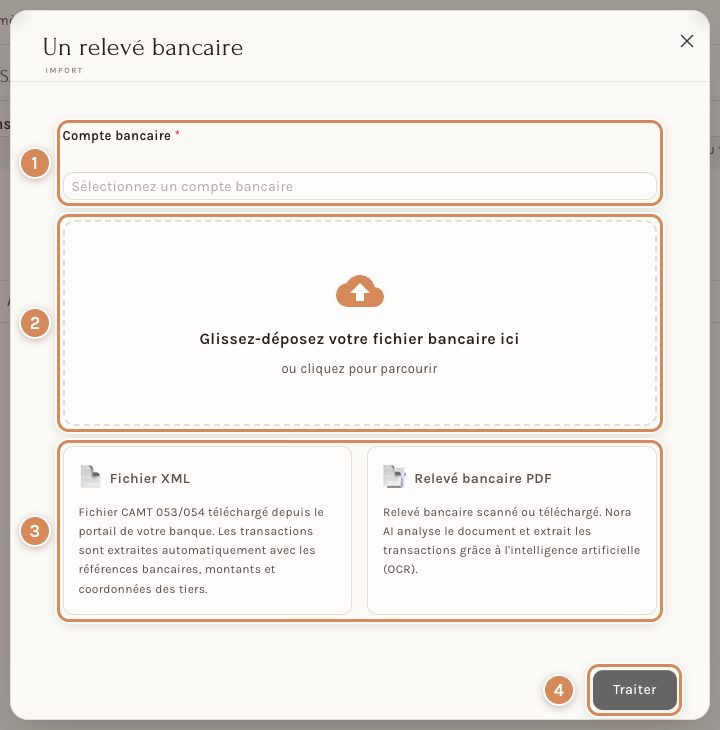 La fenêtre Un relevé bancaire : le compte, la zone de dépôt, les deux types de fichier, le bouton Traiter