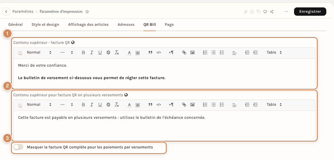 L'onglet QR Bill des Paramètres d'impression (les textes de la capture sont des exemples)