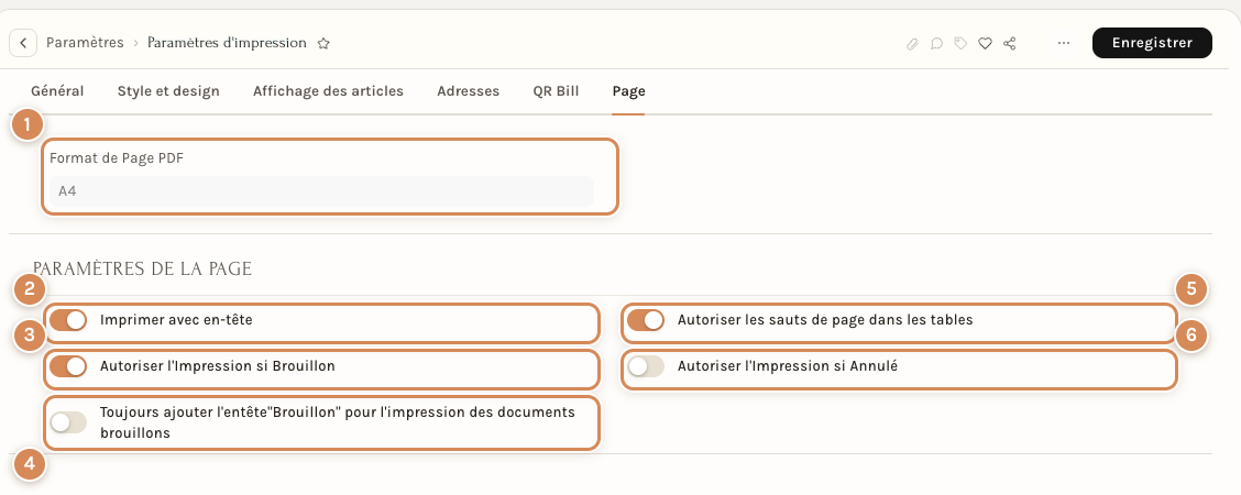 L'onglet Page des Paramètres d'impression