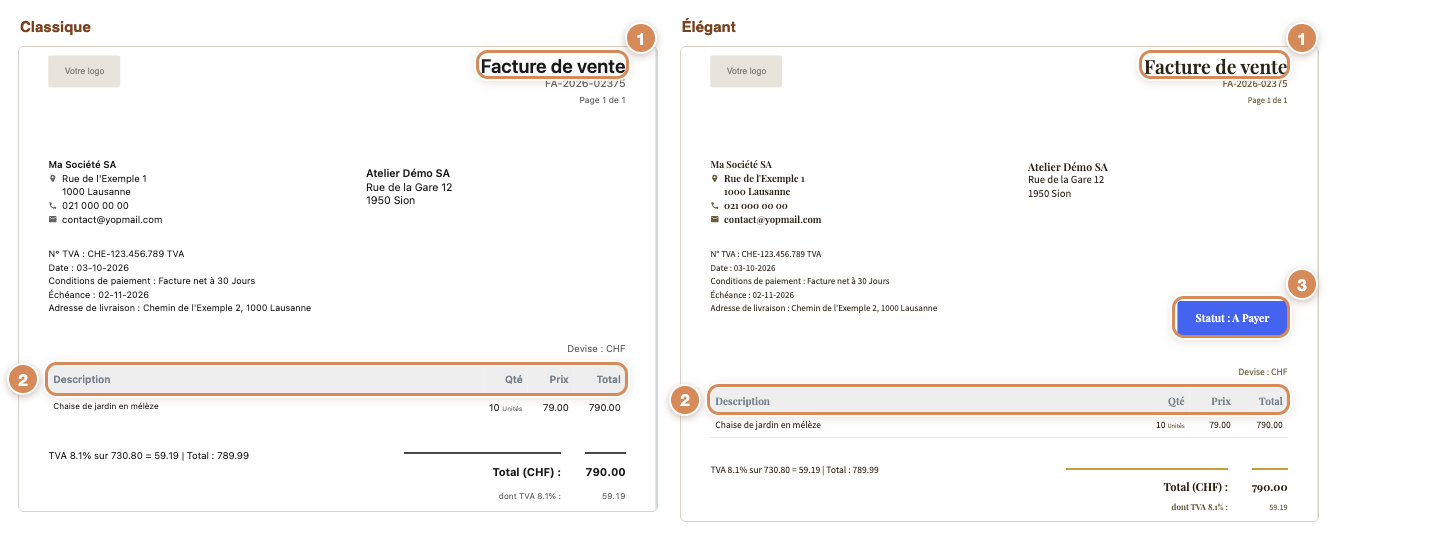 La même facture avec le thème Classique, à gauche, et le thème Élégant, à droite (aperçu à l'écran)