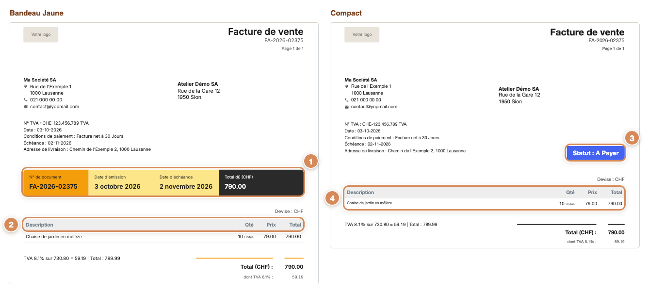 La même facture avec le thème Bandeau Jaune, à gauche, et le thème Compact, à droite (aperçu à l'écran)